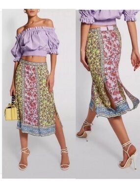 Alice + Olivia Athena Mid Length Skirt – Ditsy Border Lavender Multi – Size 2